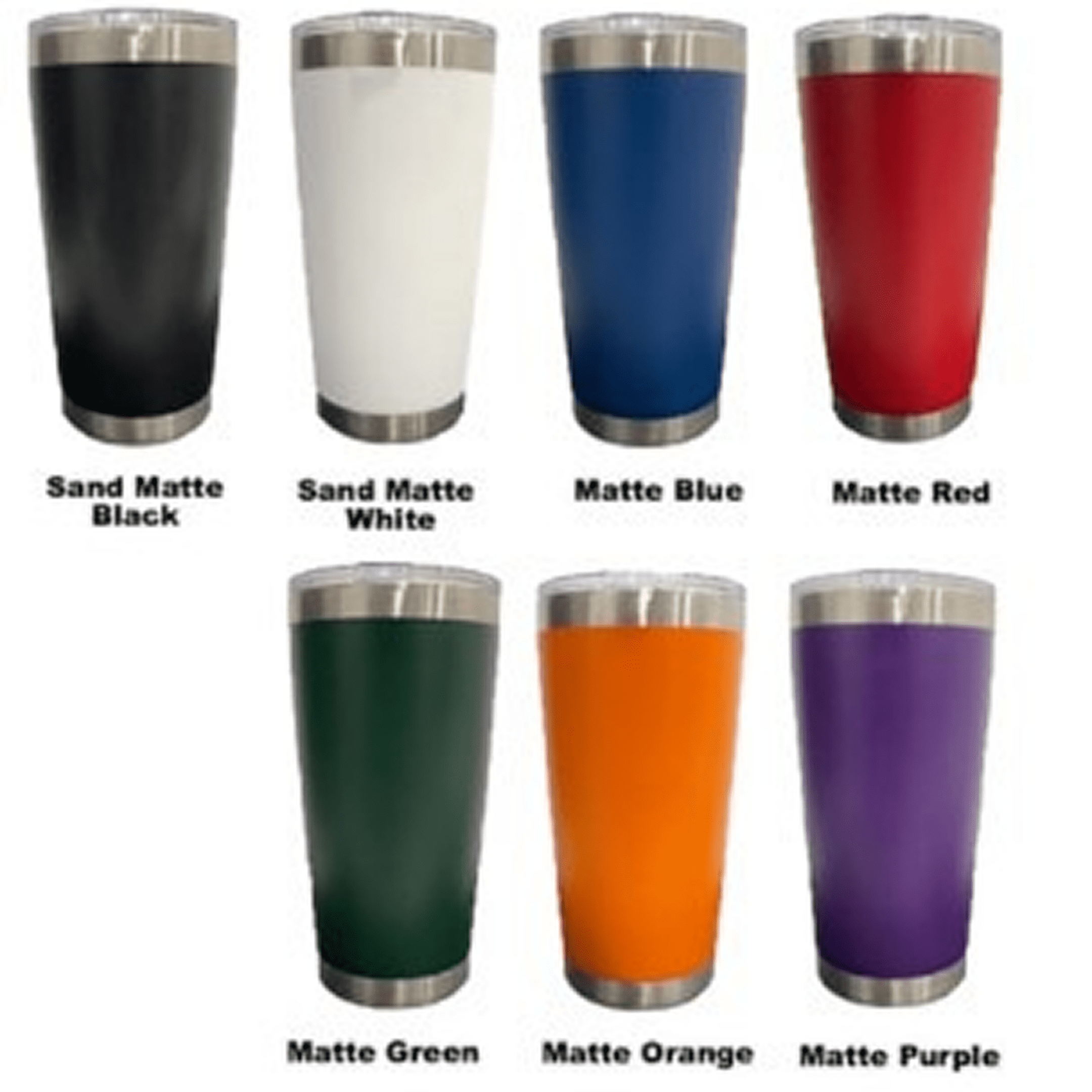 Assorted matte travel mugs in a row