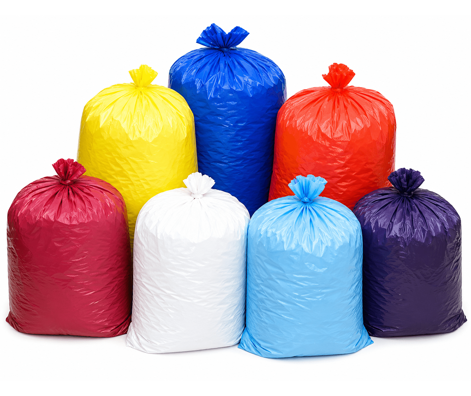 Assorted colored trash bags on display