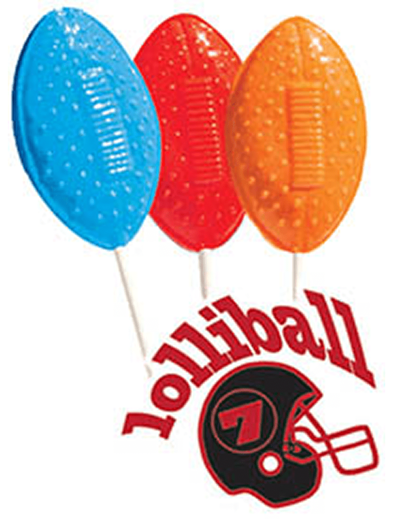 Colorful football-shaped lollipops with helmet logo