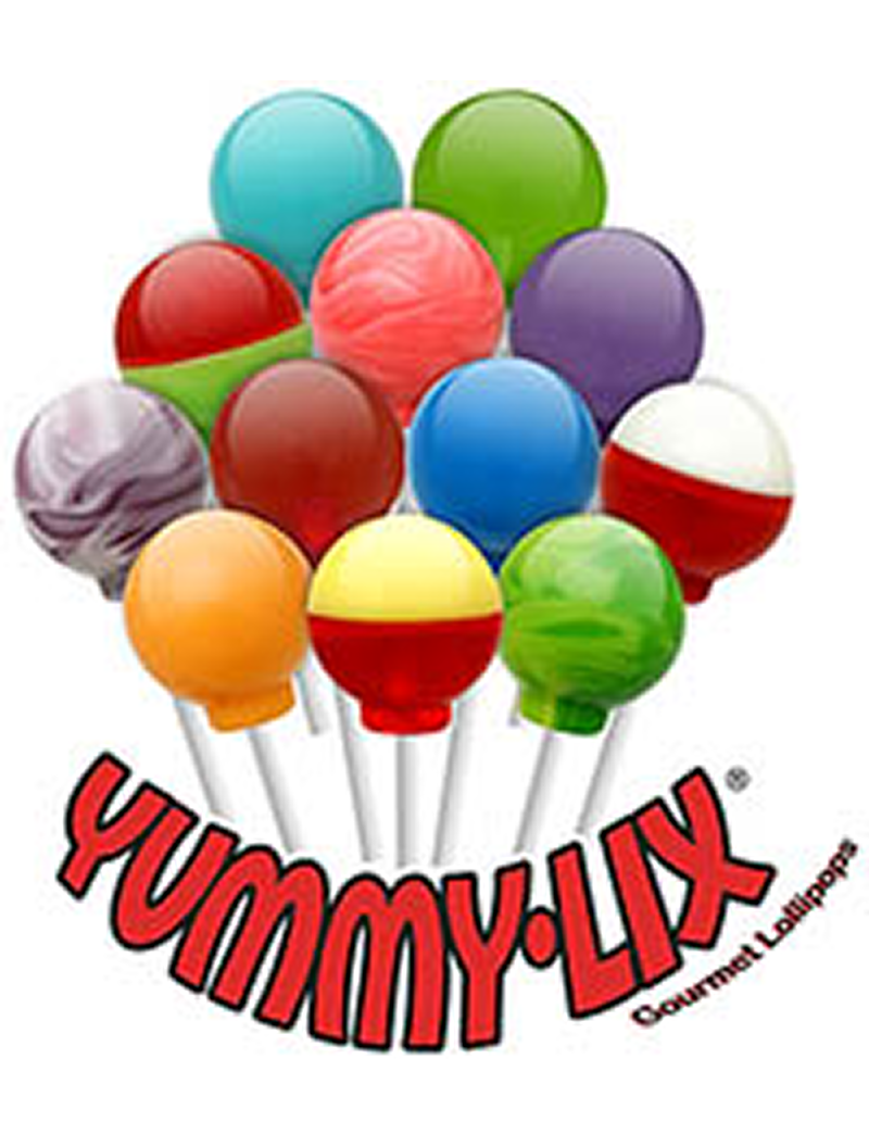Assorted lollipops arranged above Yummy-Lix branding