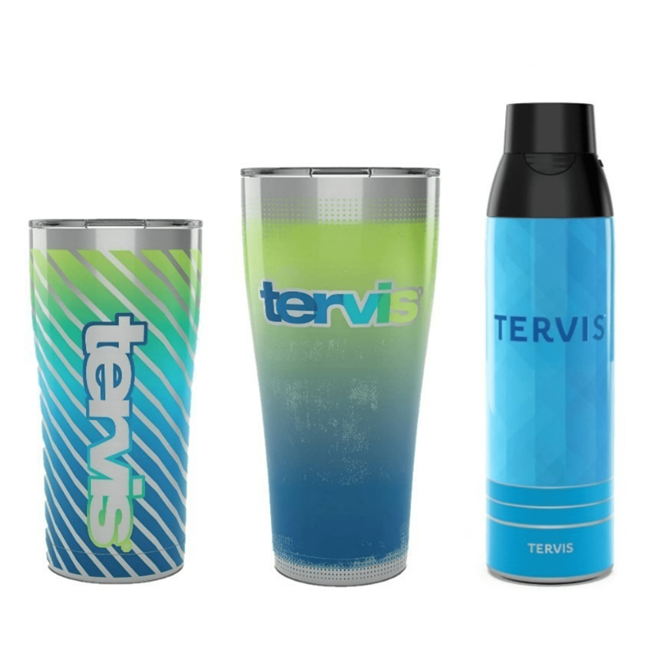 Tervis tumblers and bottle in blue-green design