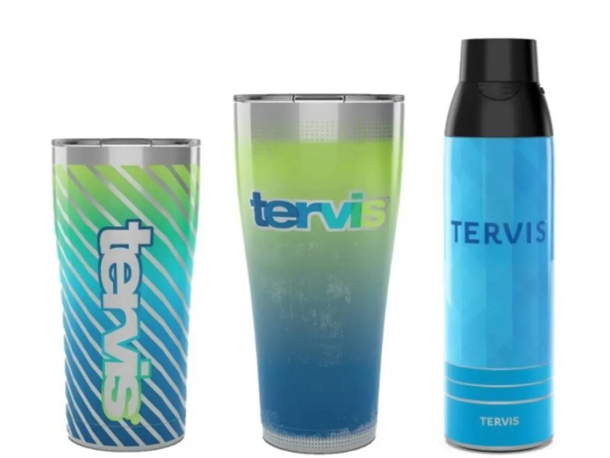 Colorful Tervis tumblers and bottle
