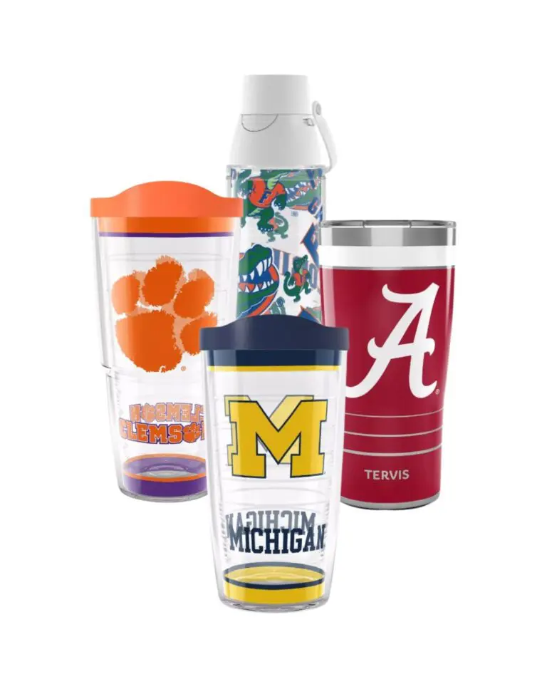 Assorted sports team tumblers displayed