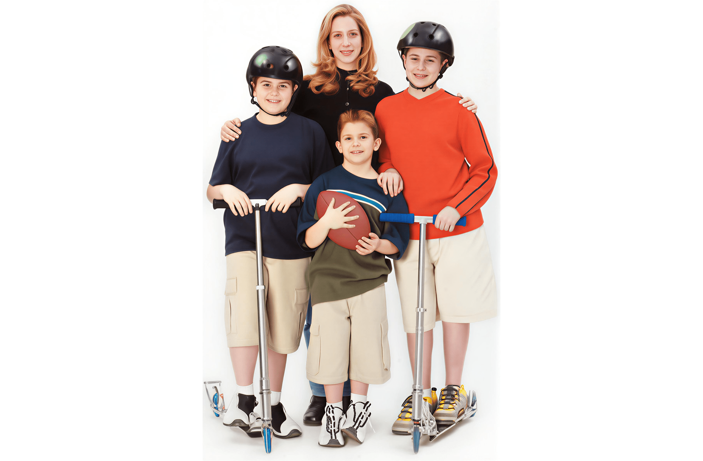 Children holding scooters and football