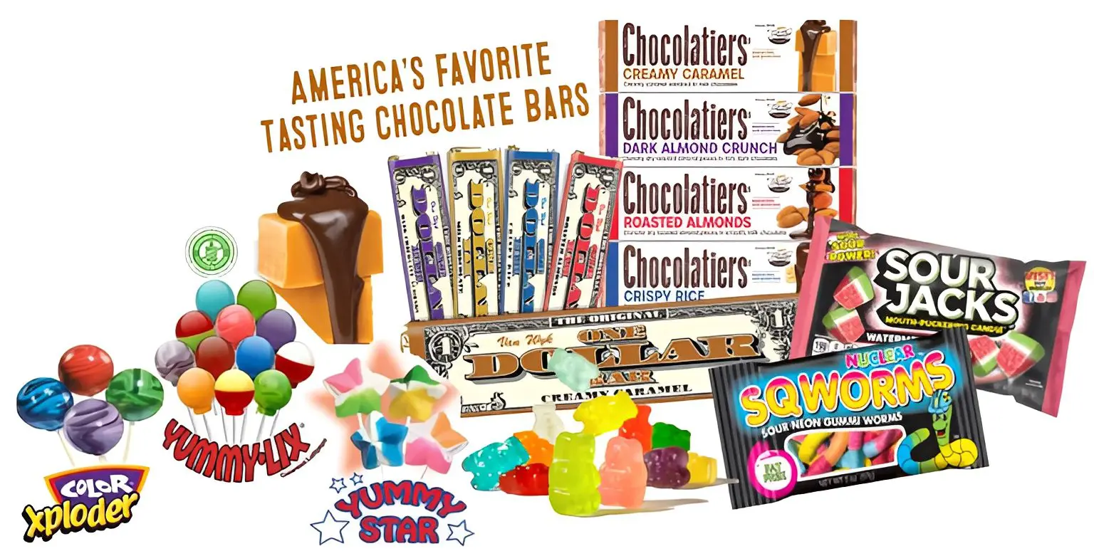 Variety of colorful candies and chocolates