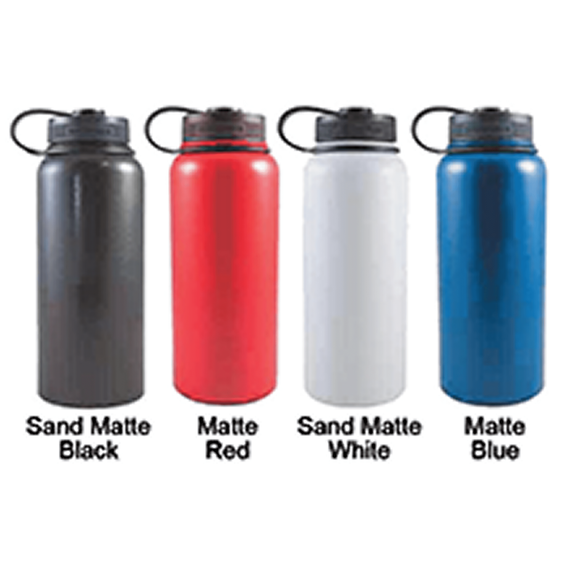 Four matte water bottles in a row