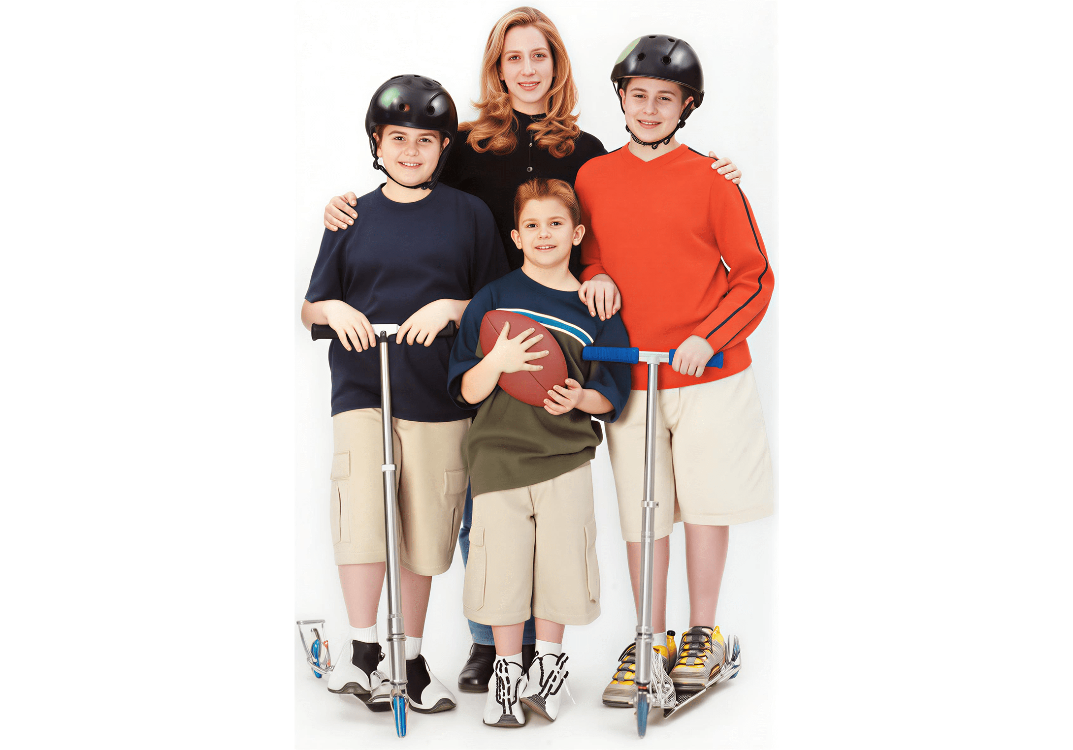 Children holding scooters and football